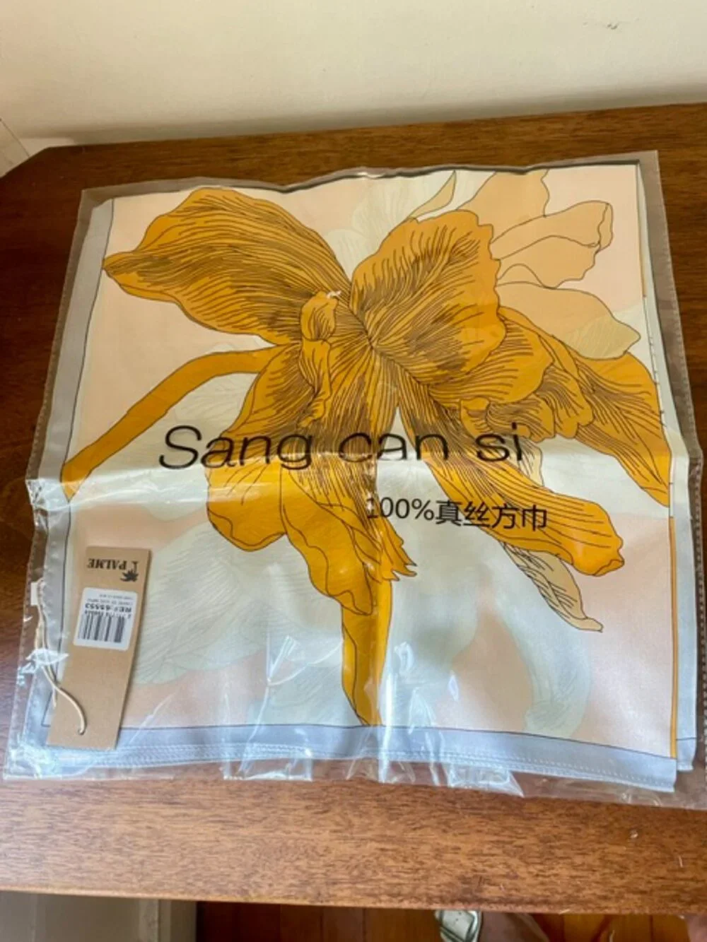 Silk Scarf with 4 Flowers Yellow Orange Gold White & Black NWT